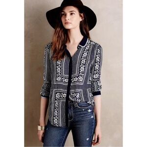 Maeve by Anthropologie “Clara” Blouse Print in Navy & White Size 2